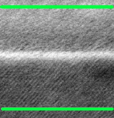 Cross-sectional TEM image showing clean and well-defined interface layers in a semiconductor material with atomic-level clarity