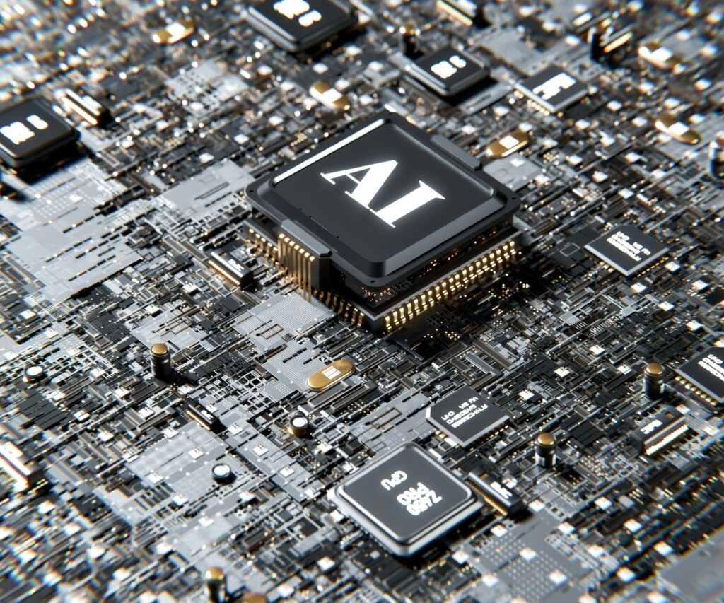 Close-up 3D render of AI processor chip integrated into a complex electronic circuit board for artificial intelligence computing